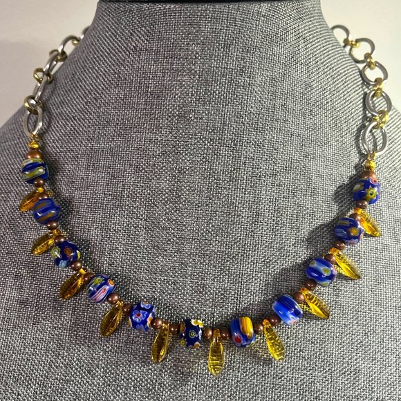 Millifiori Blue Glass Beads & Golden Dagger Beads w/Silver & Gold Chain Necklace - Picture 1 of 4